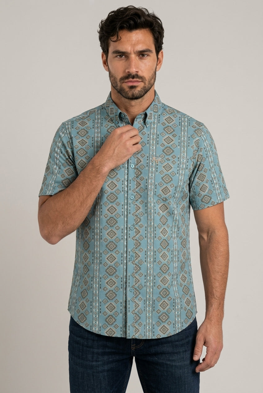 turquoise aztec stripe short sleeve shirt men platini front