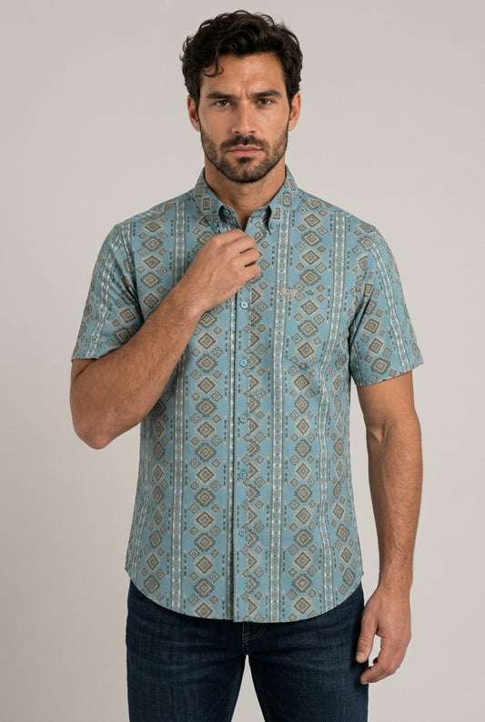 turquoise aztec stripe short sleeve shirt men platini front