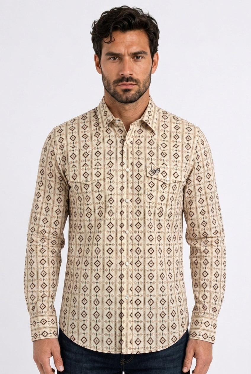 beige aztec stripe western shirt men platini front