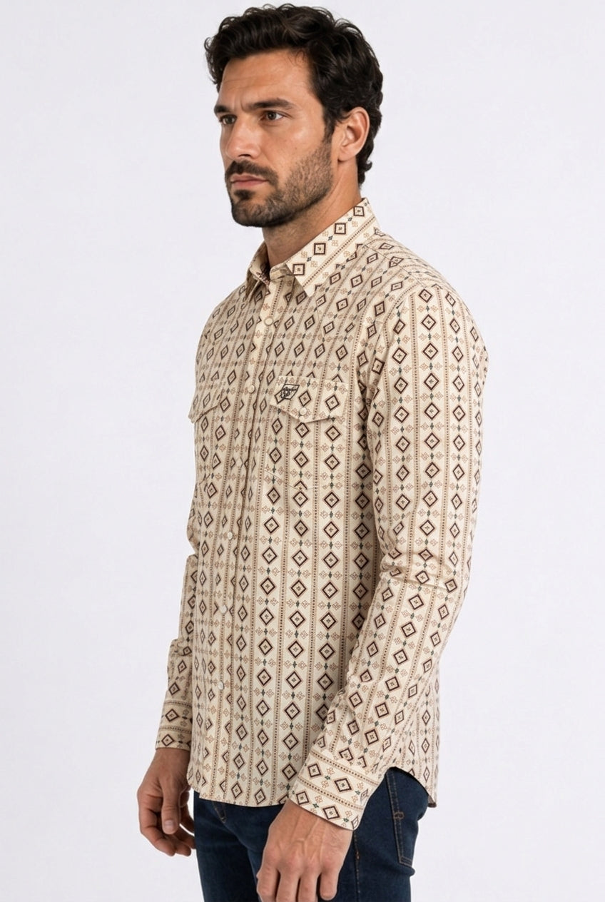 beige aztec stripe western shirt men platini detail