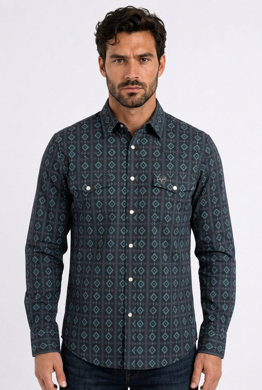 black aztec stripe western shirt men platini front