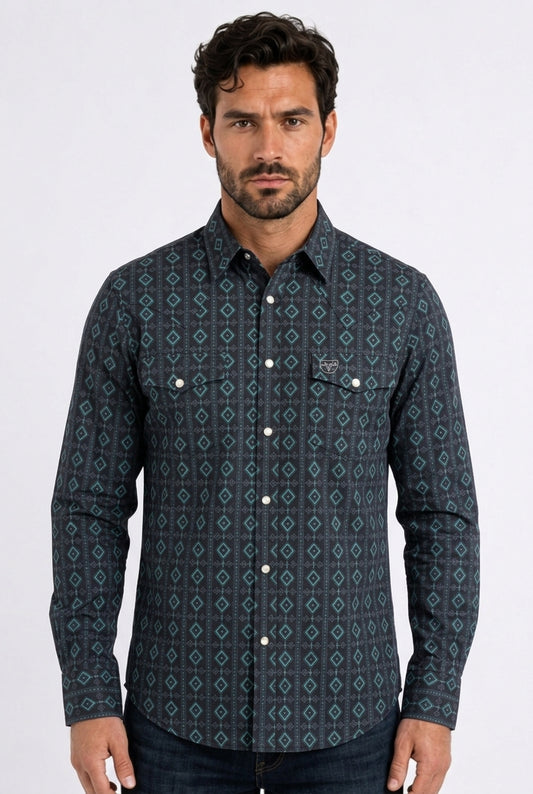 black aztec stripe western shirt men platini front