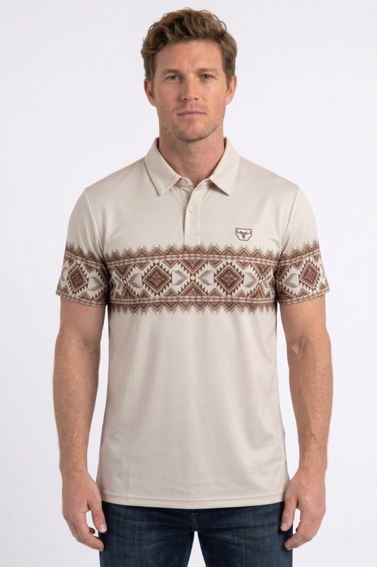 beige aztec band performance polo men platini front