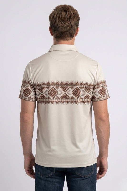 beige aztec band performance polo men platini close-up