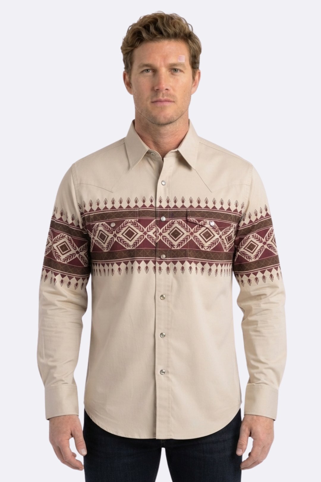 beige aztec band western shirt men platini front