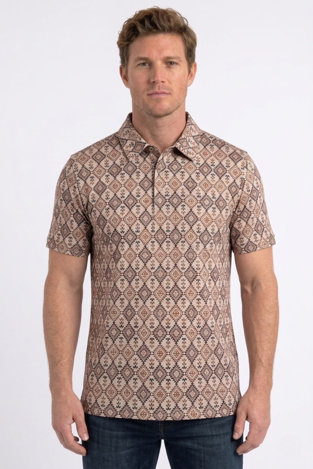 beige aztec geometric performance polo men platini front