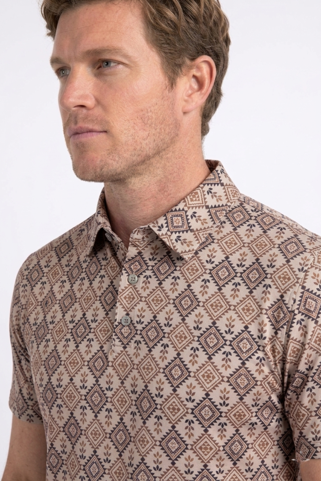 beige aztec geometric performance polo men platini side