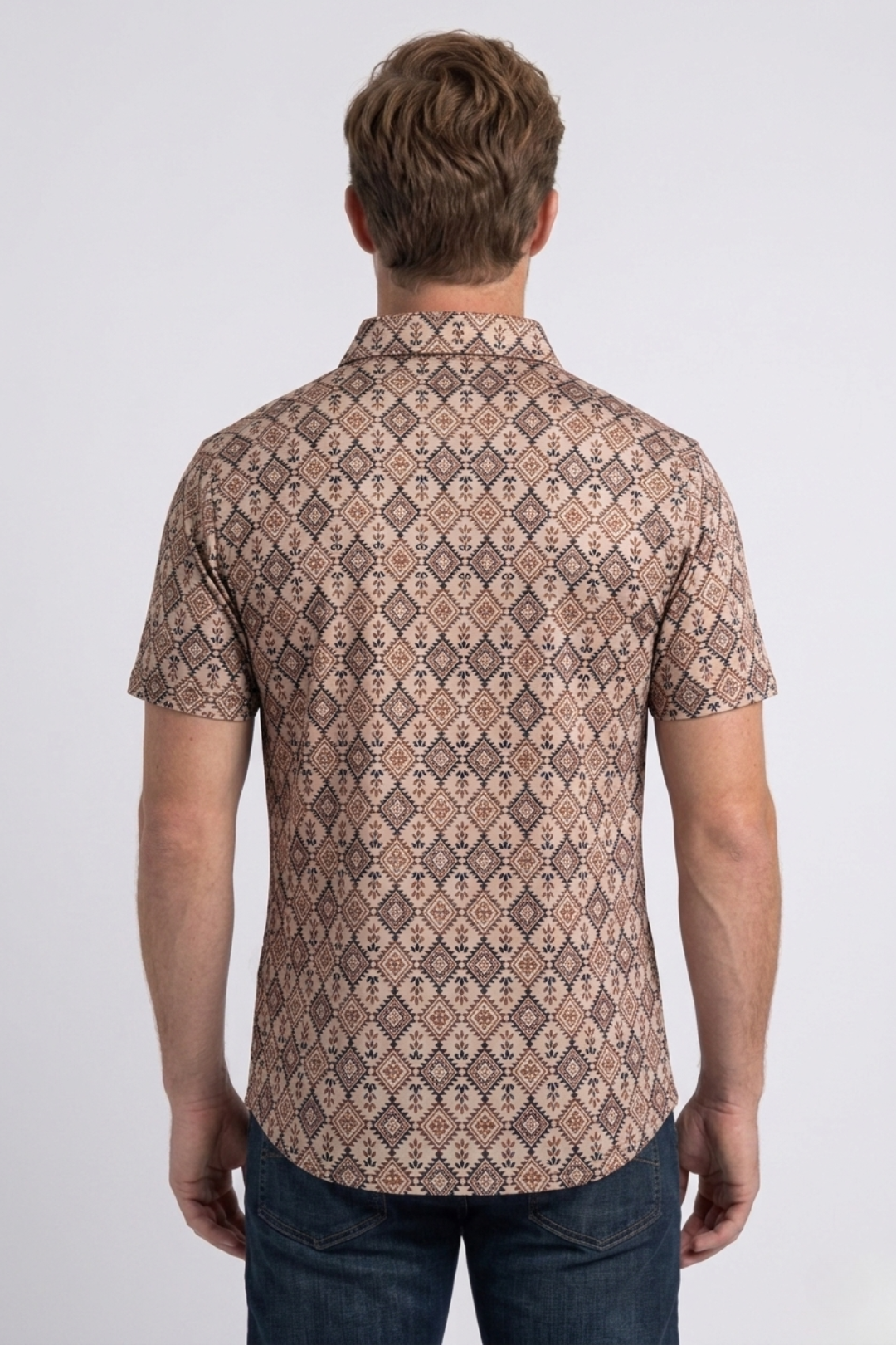 beige aztec geometric performance polo men platini back