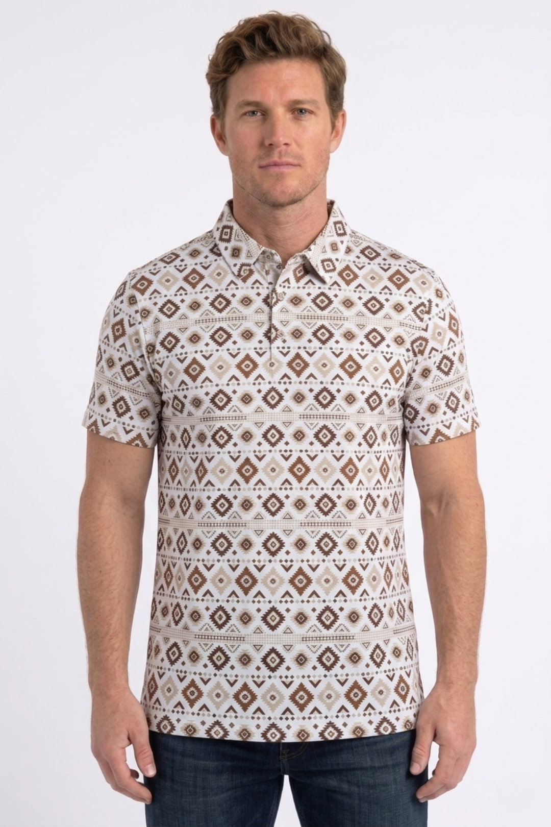 beige aztec geometric performance polo ii men platini front