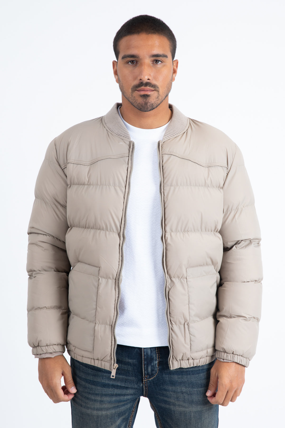 Mens Beige Bubble Jacket with Rib Collar & Cuffs