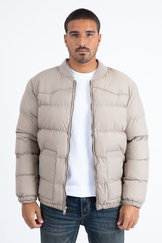 Mens Beige Bubble Jacket with Rib Collar & Cuffs
