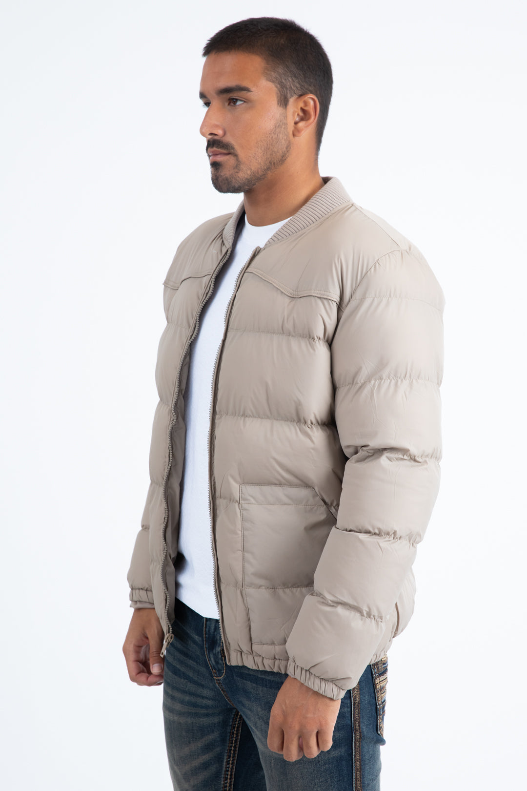 Mens Beige Bubble Jacket with Rib Collar & Cuffs