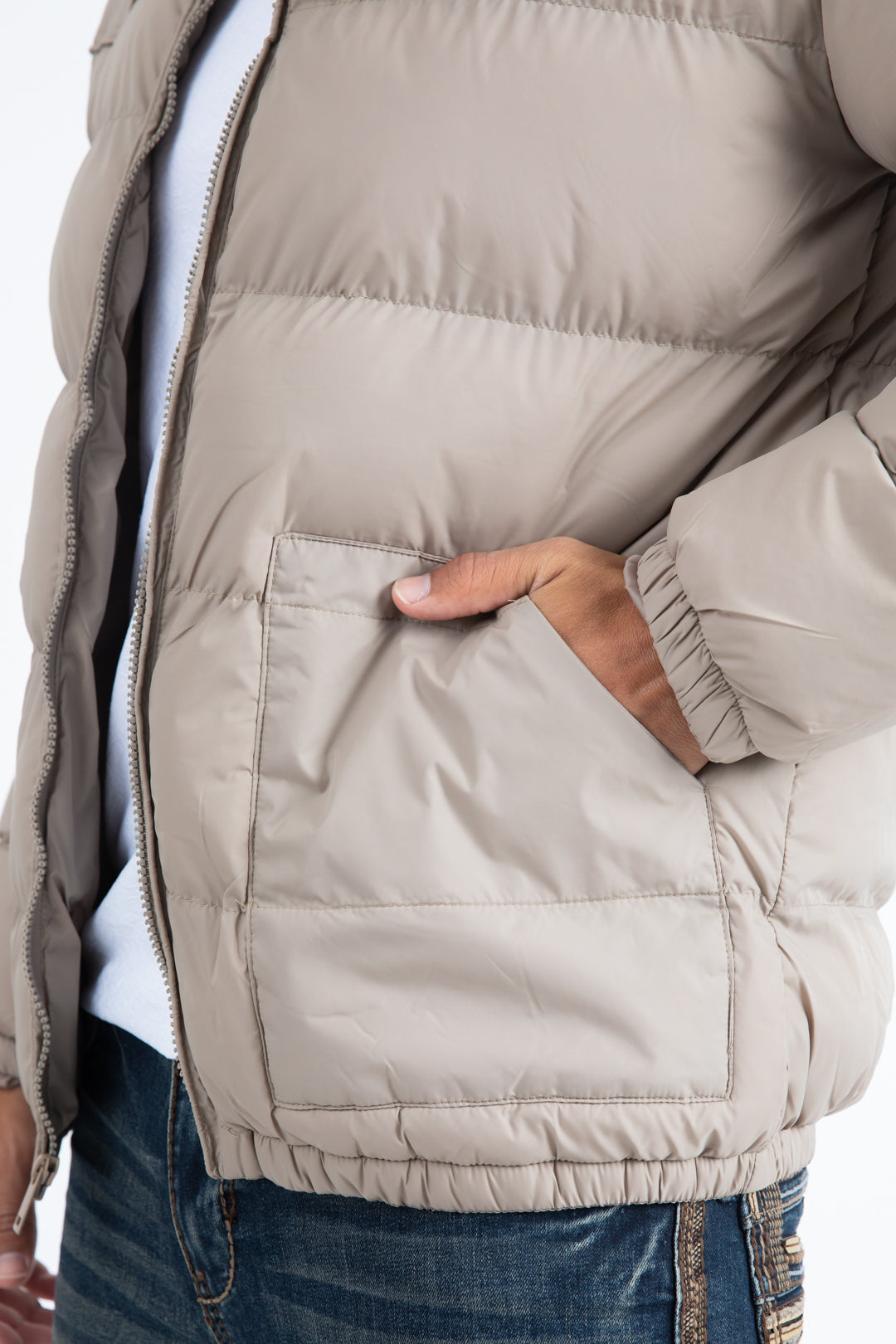 Mens Beige Bubble Jacket with Rib Collar & Cuffs