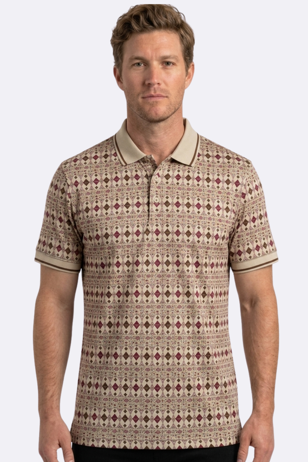 beige diamond longhorn western print polo men platini front