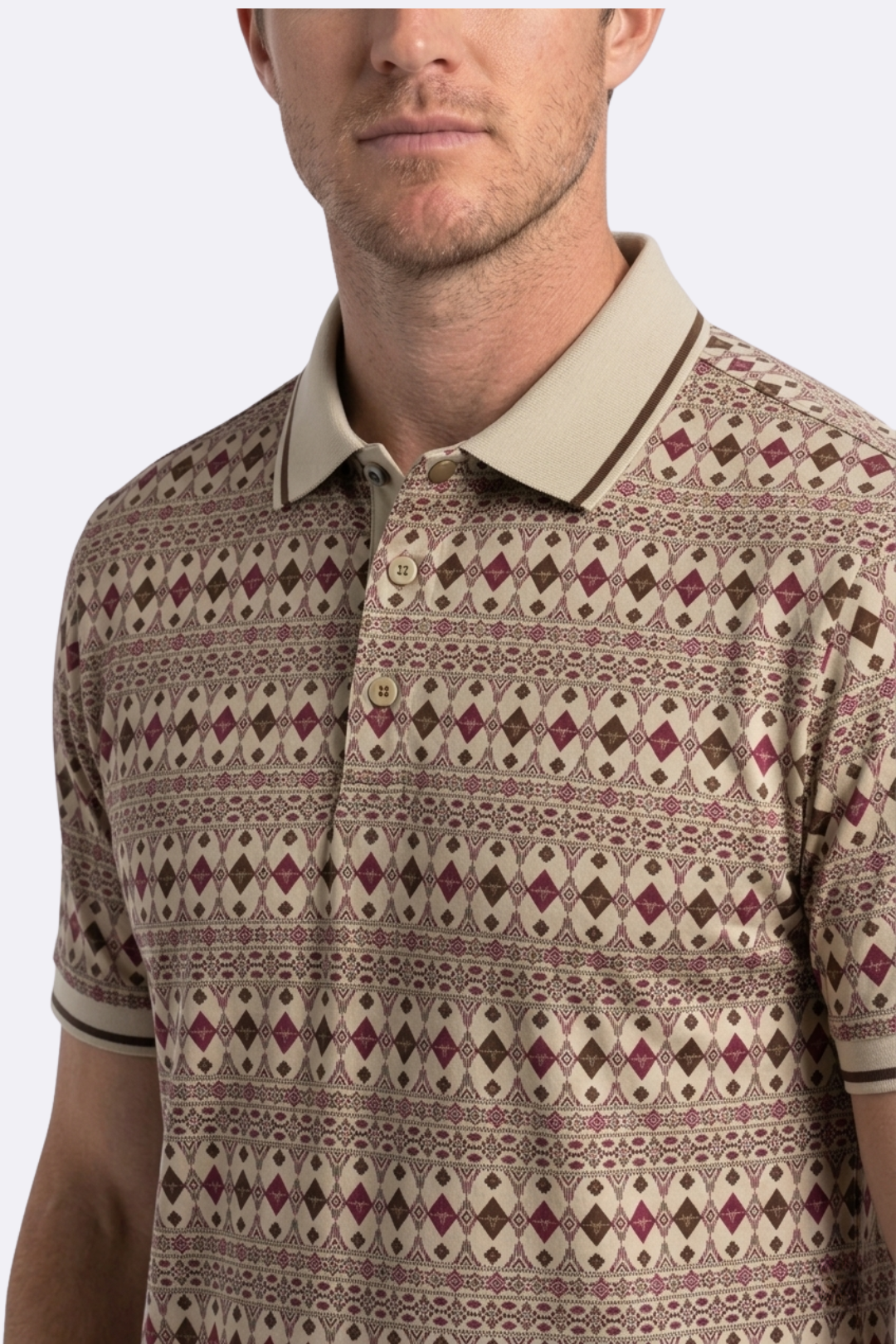 beige diamond longhorn western print polo men platini side