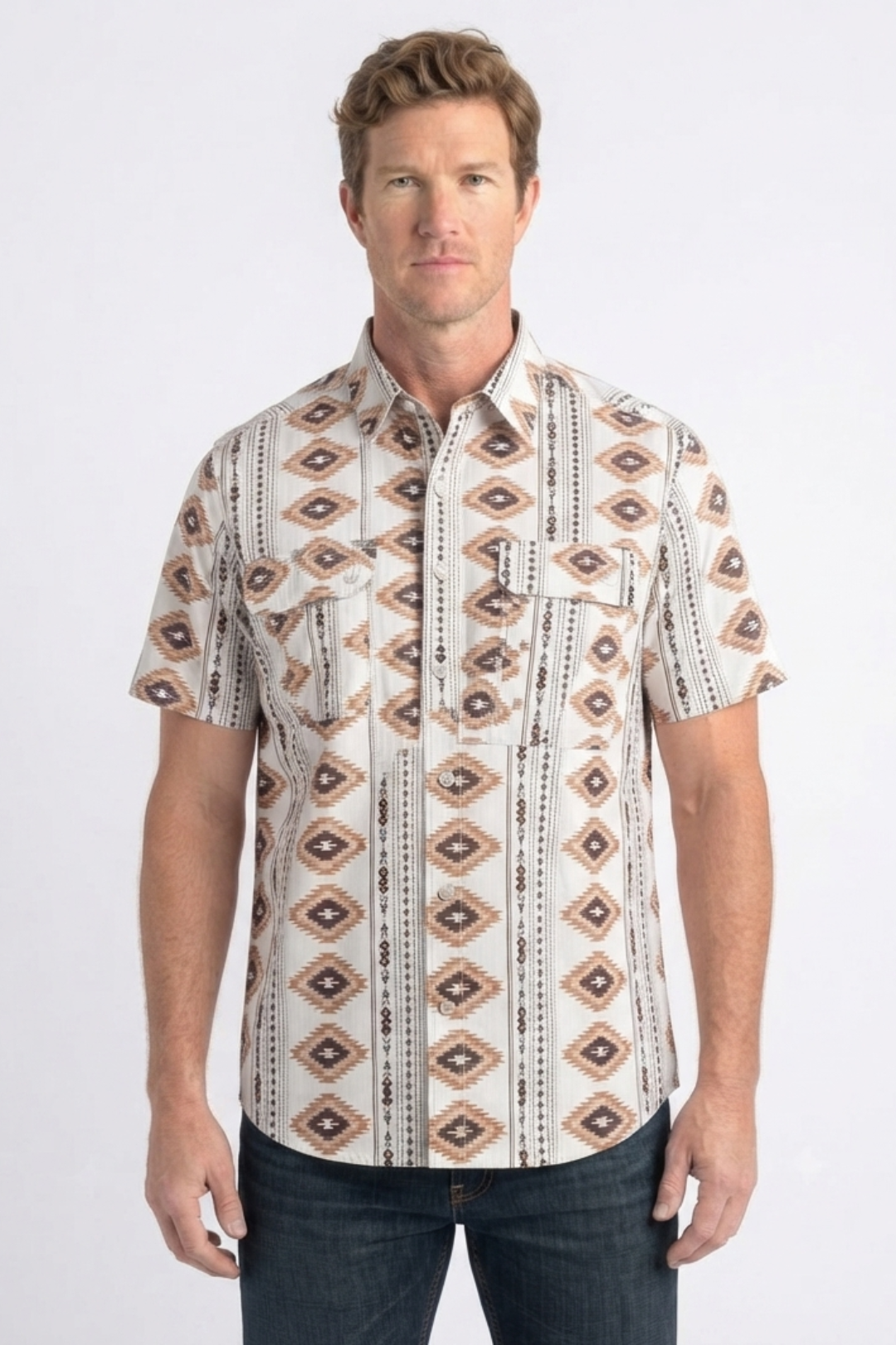 beige diamond tribal print performance shirt men platini front