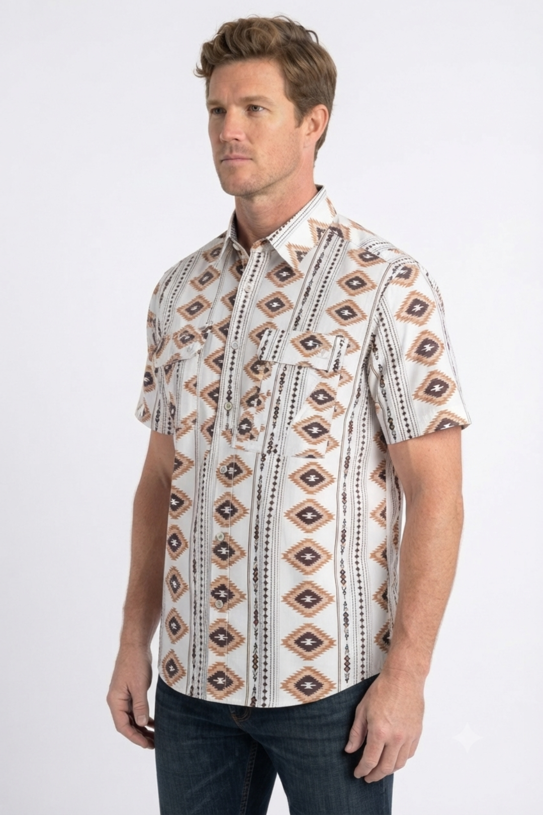 beige diamond tribal print performance shirt men platini back