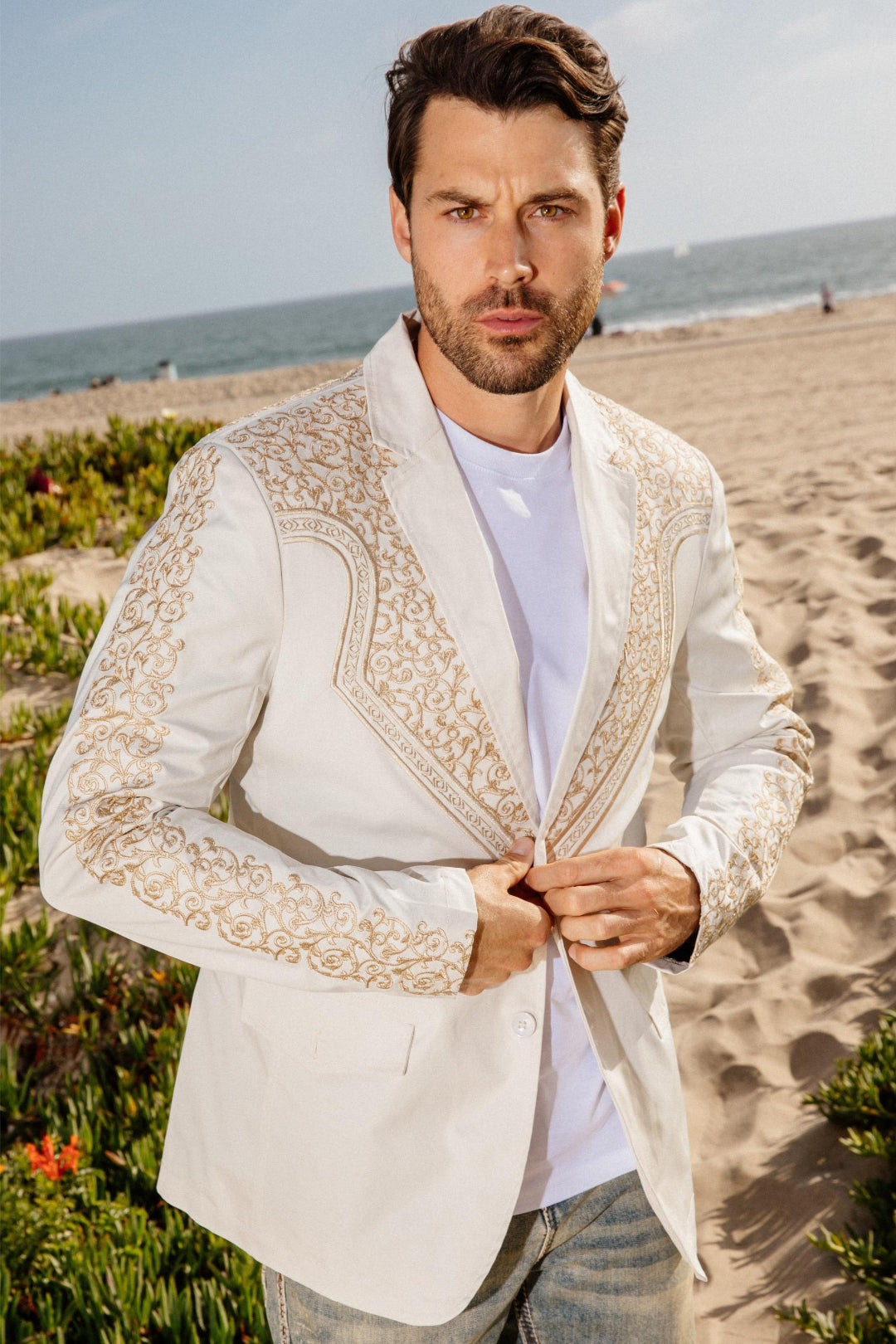beige embroidery blazer men platini lifestyle