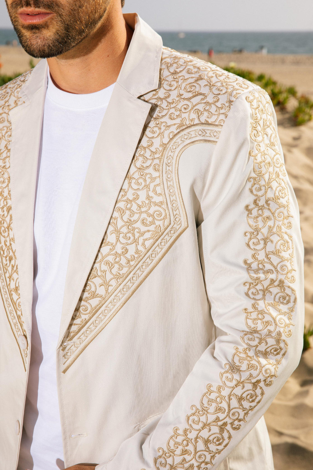 beige embroidery blazer men platini detail lifestyle
