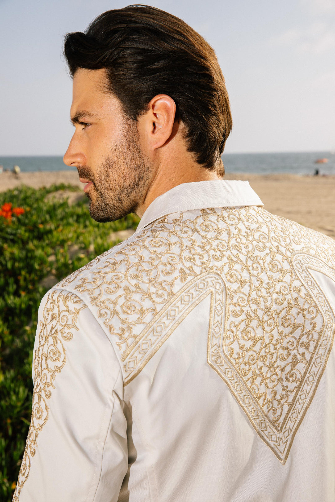 beige embroidery blazer men platini back detail lifestyle