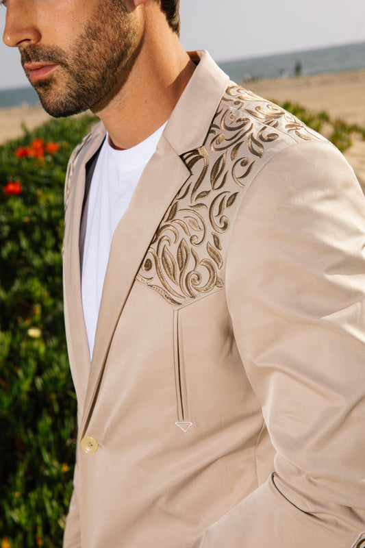 beige embroidery blazer men platini back