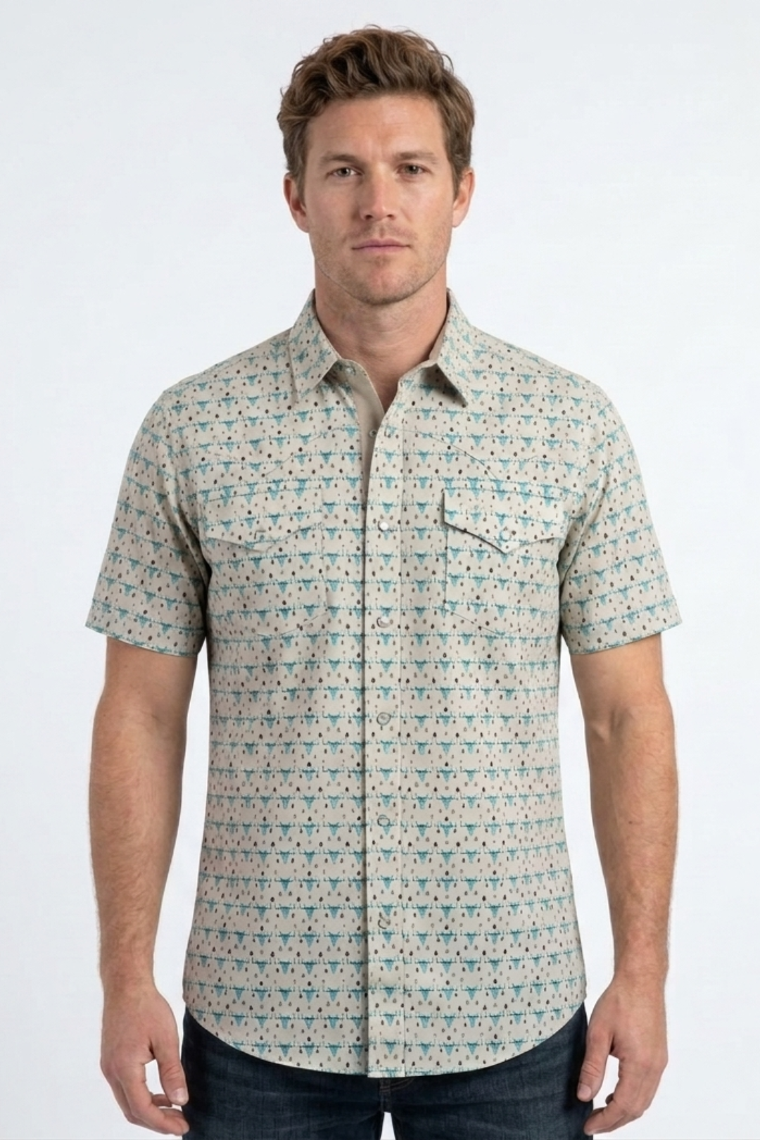 men with beige longhorn heritage western shirt front platini
