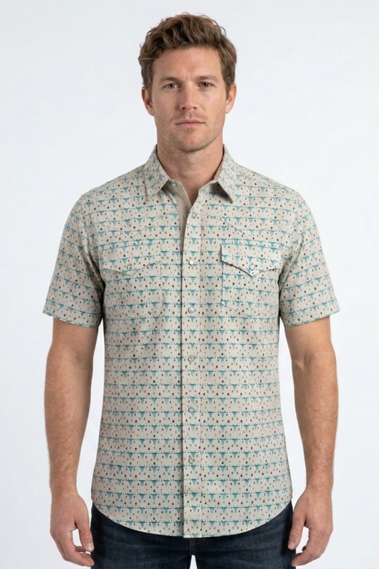 men with beige longhorn heritage western shirt front platini