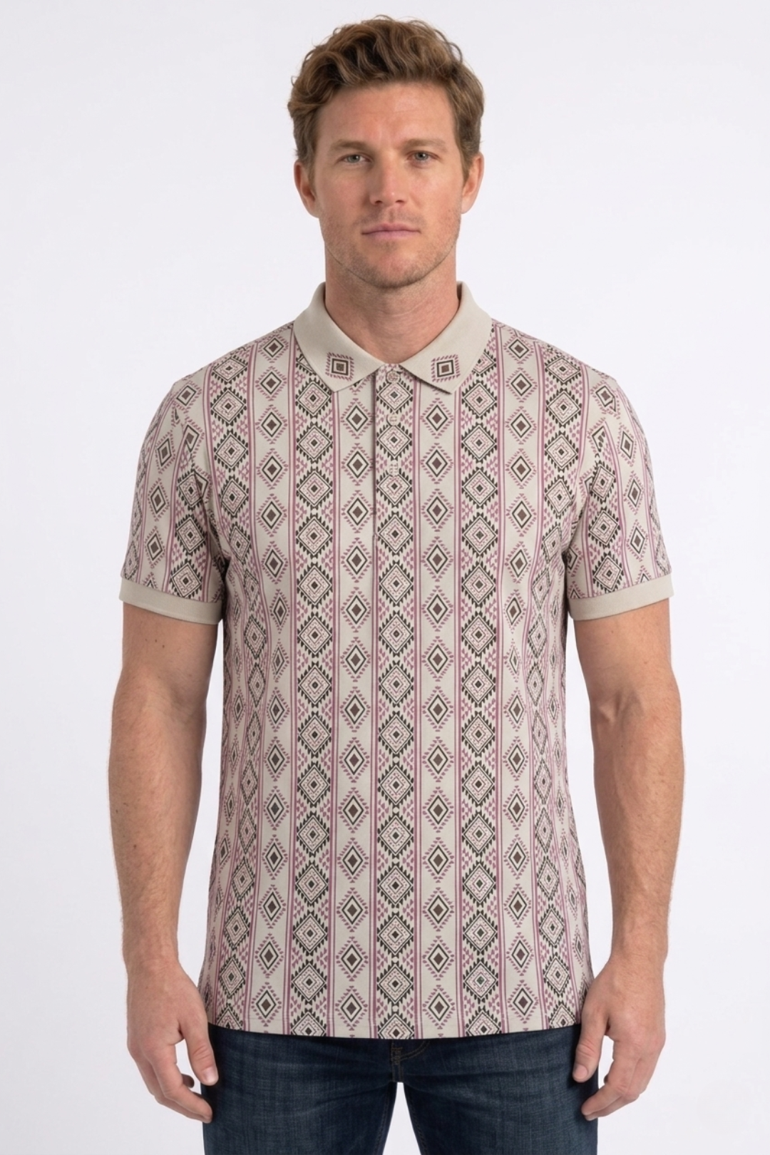 beige vertical geo diamond print polo men platini front