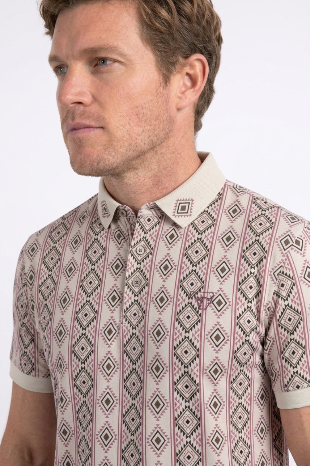 beige vertical geo diamond print polo men platini side