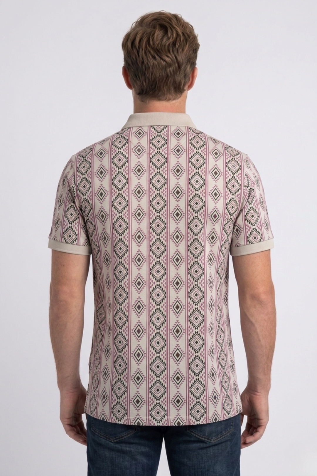 beige vertical geo diamond print polo men platini back