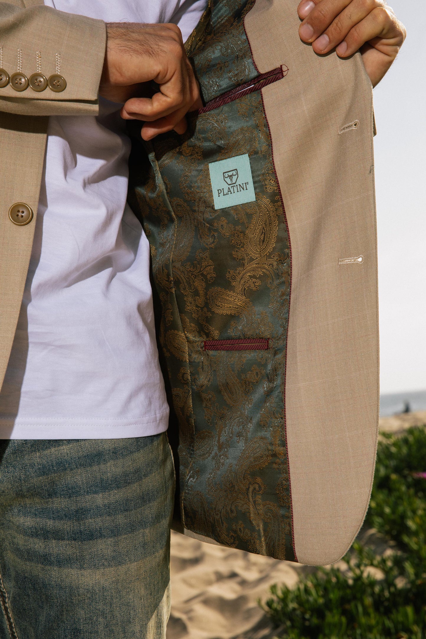 beige western sport coat with elbow patch men platini detail