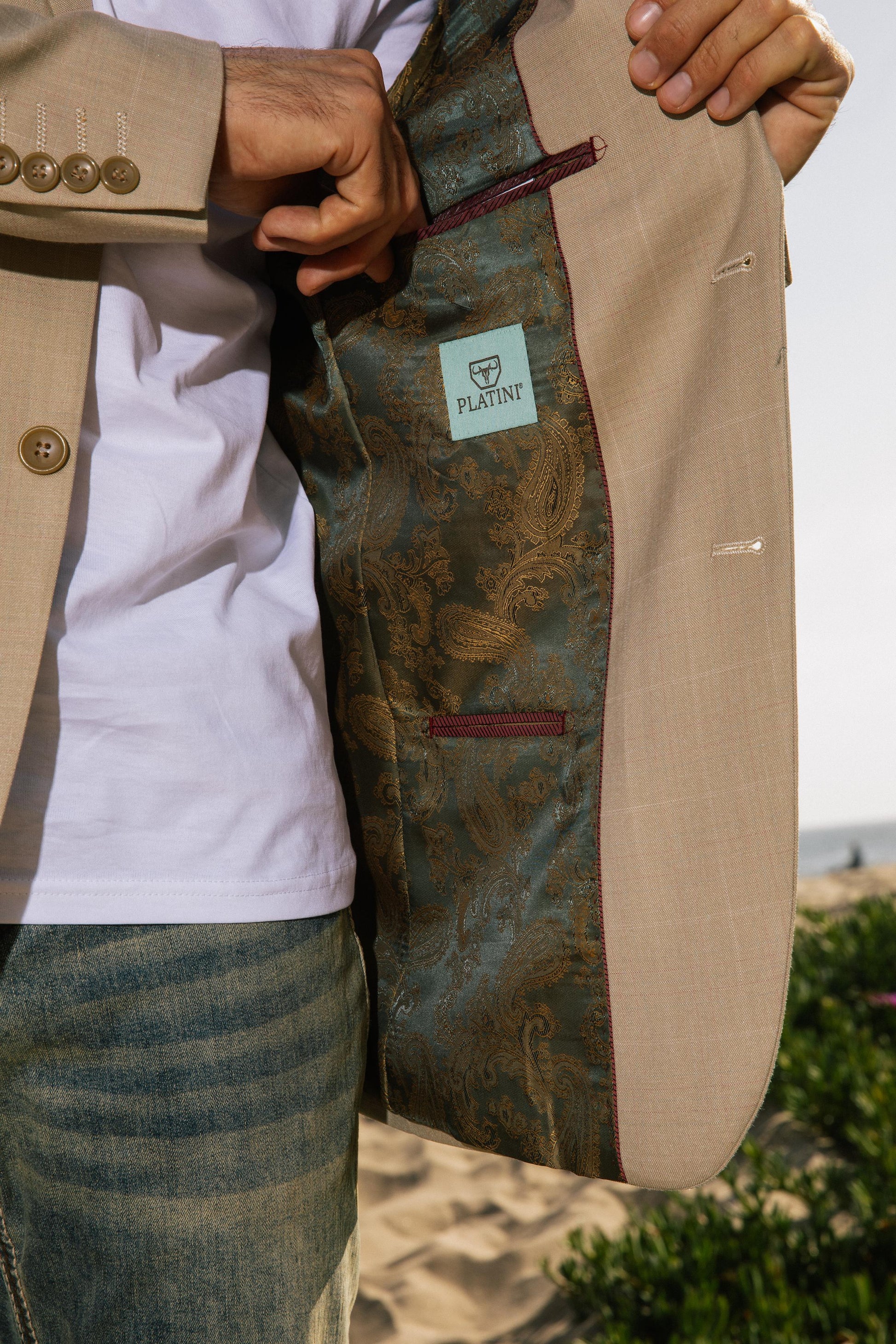 beige western sport coat with elbow patch men platini detail