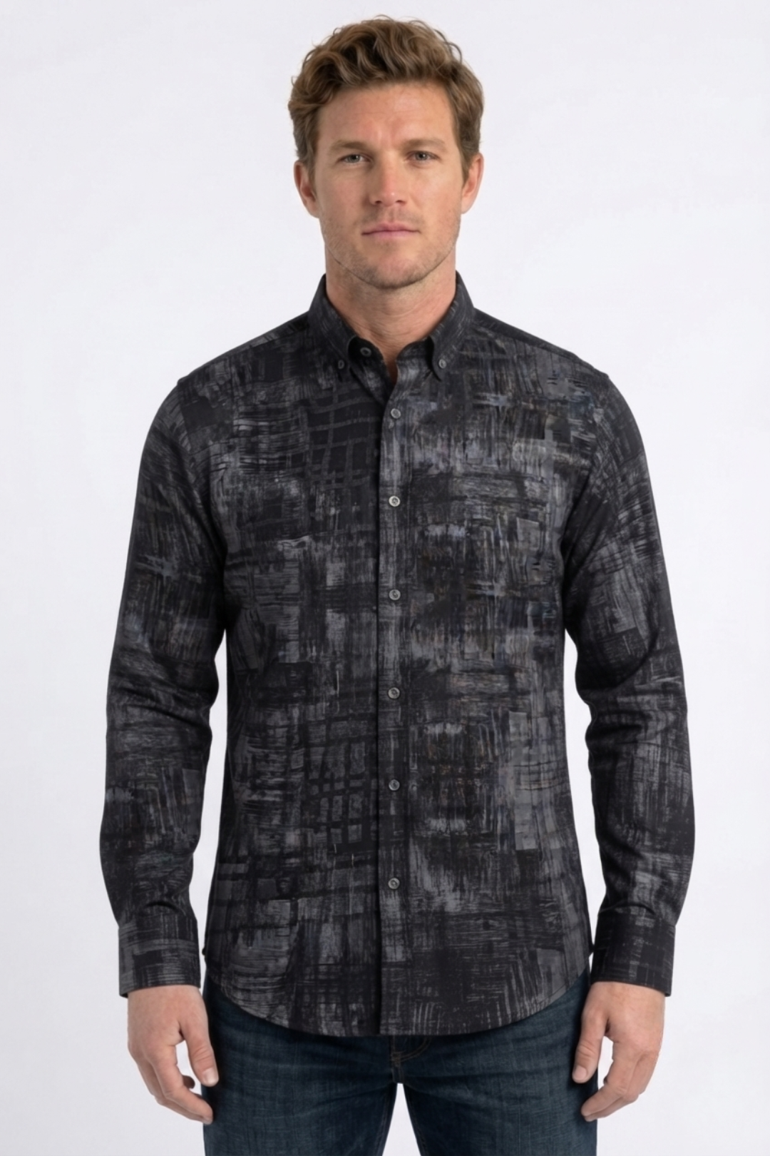 black abstract jacquard dress shirt men platini front