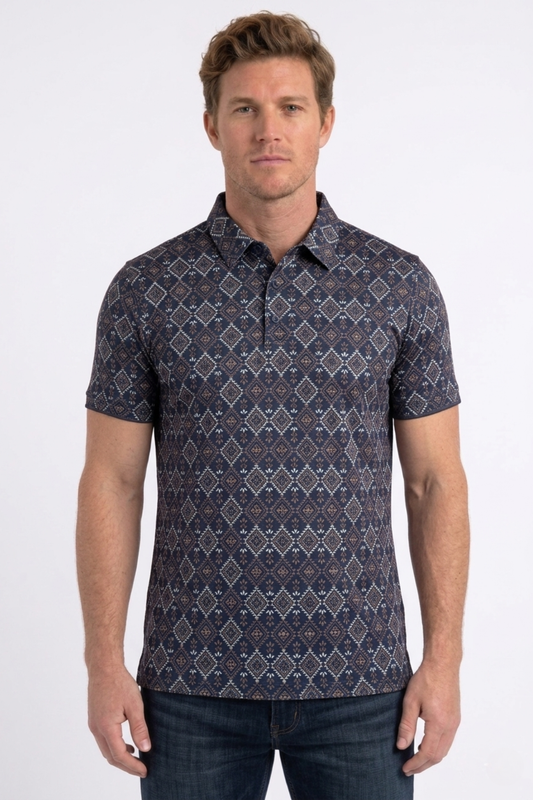 black aztec geometric performance polo men platini front