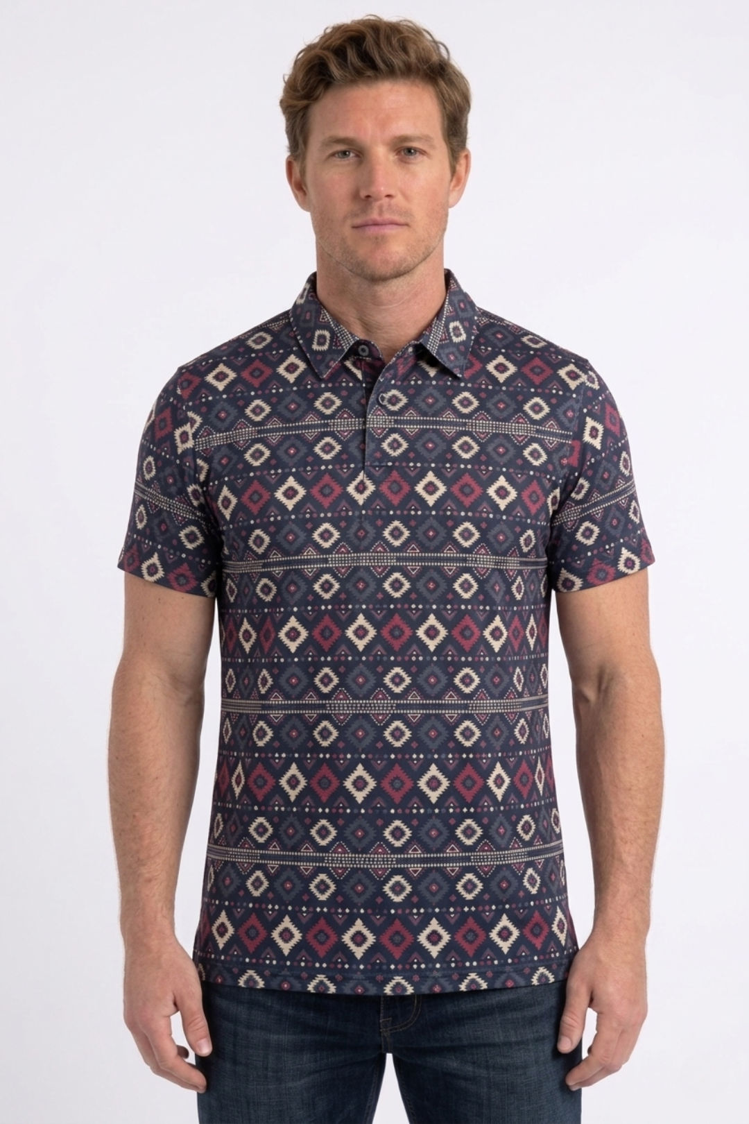 black aztec geometric performance polo ii men platini front