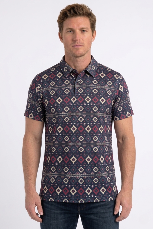 black aztec geometric performance polo ii men platini front