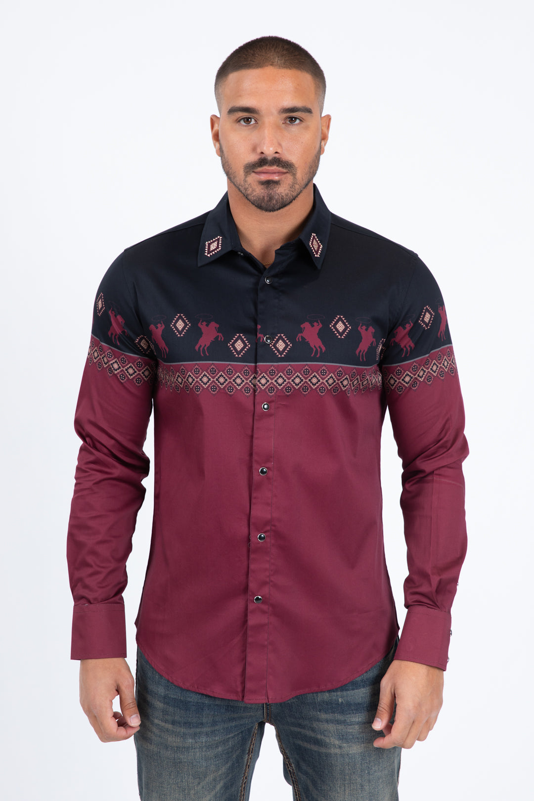 black burgundy western rodeo graphic dress shirt men platini front
