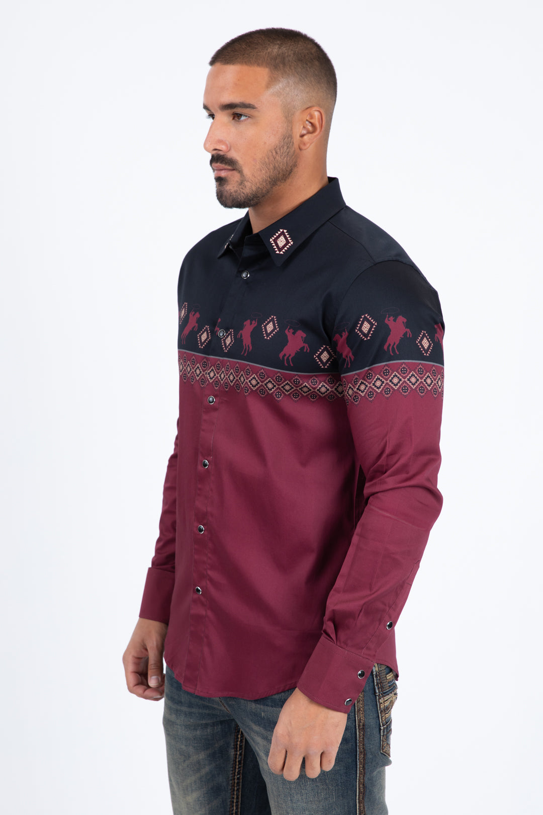 black burgundy western rodeo graphic dress shirt men platini side