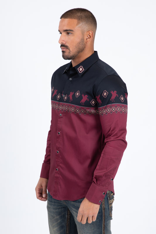 black burgundy western rodeo graphic dress shirt men platini side
