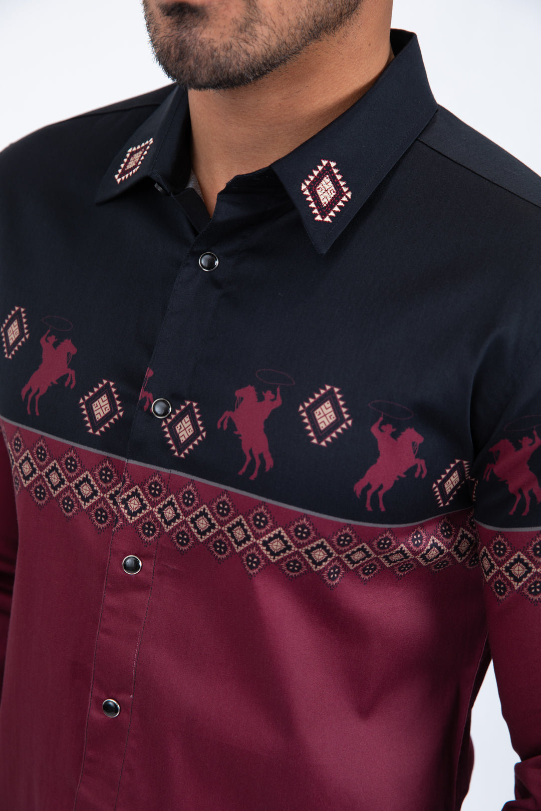black burgundy western rodeo graphic dress shirt men platini back