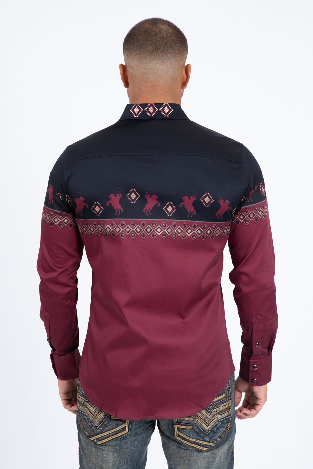 black burgundy western rodeo graphic dress shirt men platini detail