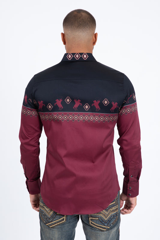 black burgundy western rodeo graphic dress shirt men platini detail