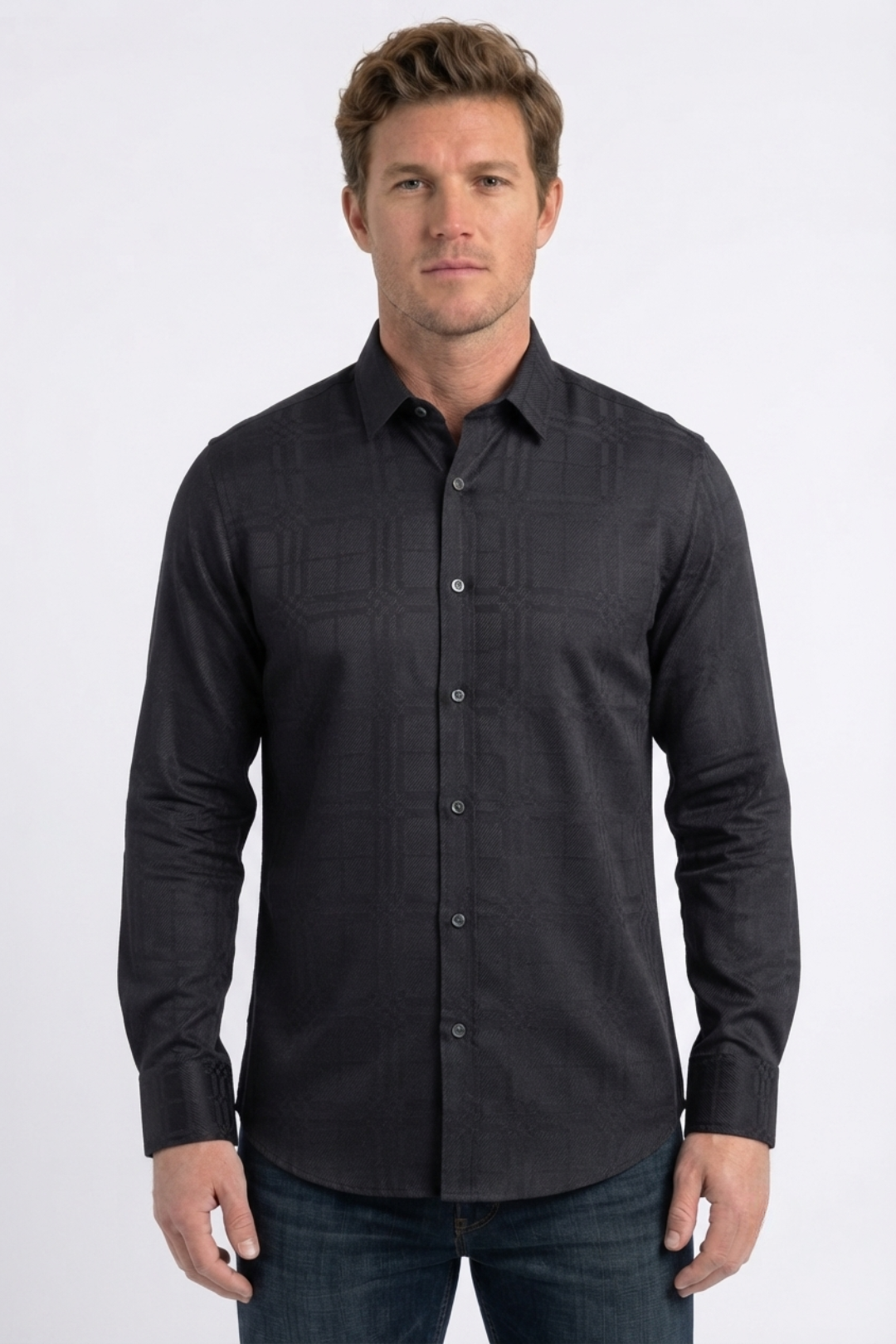 black geometric plaid jacquard dress shirt men platini front