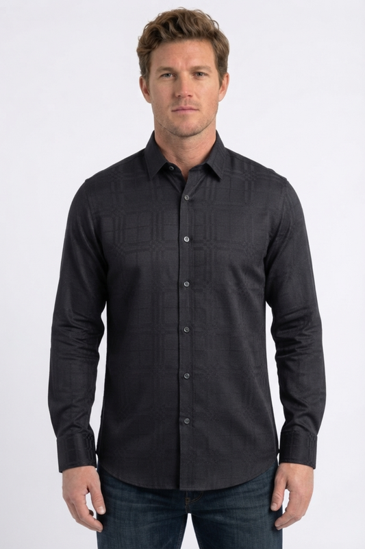 black geometric plaid jacquard dress shirt men platini front