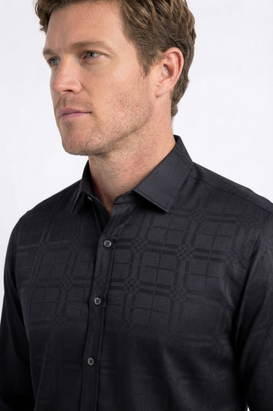 black geometric plaid jacquard dress shirt men platini back