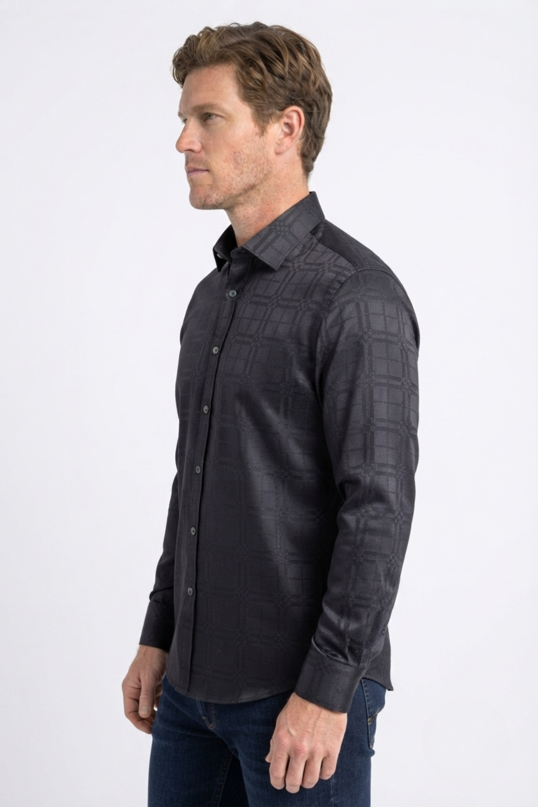 black geometric plaid jacquard dress shirt men platini detail