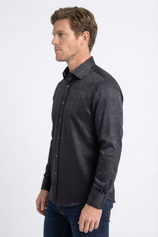 black geometric plaid jacquard dress shirt men platini detail
