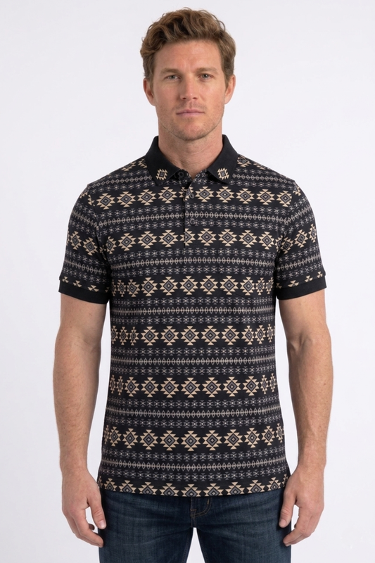 black geometric tribal band print polo men platini front
