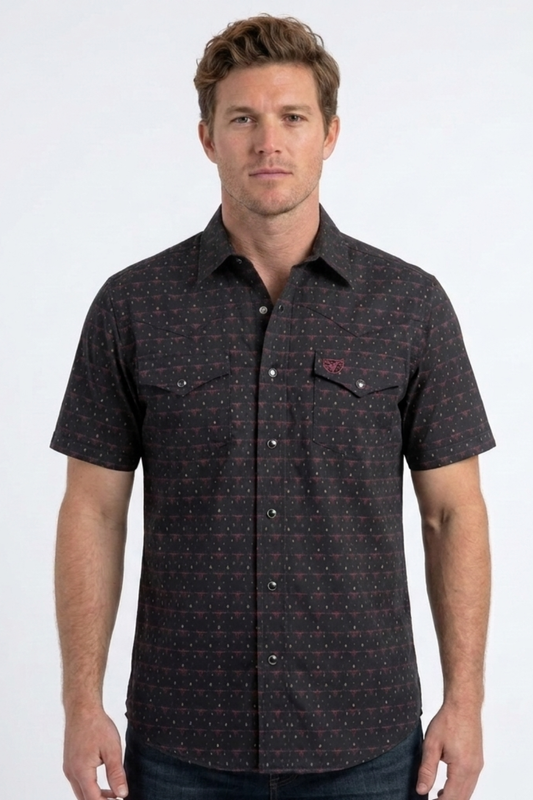 men with black longhorn heritage western shirt front platini