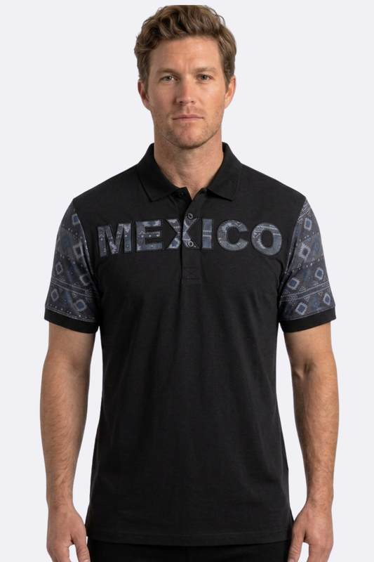 black mexico tribal sleeve polo men platini front